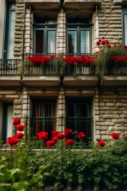 A classic old building with bricks stones texture with a balcony filled with red poppies growing out of it