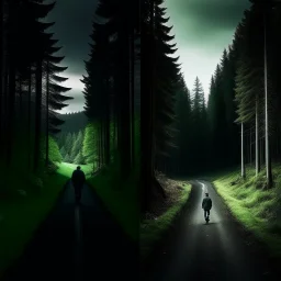 left side of the picture shows a dark metropole, right sight of the picture showsa beautiful forest, in the middle there's a road leading from the city to the forest, a lonely figure walking on it