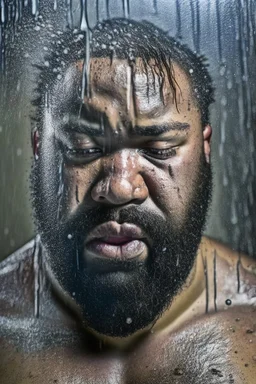 fiull body shot 33 years old nigerian carpenter man hands behind the head , in an abandoned warehouse, serious, bearded burly chubby , serious eyes, under the shower, wet, dripping water, manly torso, photorealistic, 50mm photo, ambient occlusion , side view from the ground