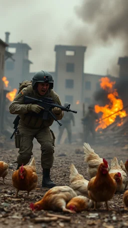 Army solders screaming in a smoke and fires war environment destroyed buildings in the background and dead chickens on the ground