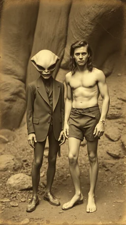 An old picture style of white and brown and very bad quality old camera with cracks of Tarzan standing with an Alien who is wearing a suit, the year 1900