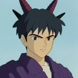 discord profile picture of man with short black hair with red streaks, with purple dragon horns on top of his head, looking mischievous
