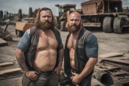 close up photography of two ugly burly beefy hairy polish workers, embraced, 42 years old, shirtless , tattoo ,curly hair, shaved beard , bulge, short broken pants, working on a construction site in the middle of a road under the sun, look at the camera, hyper-realistic, photographic, 8K, frontal view from the ground