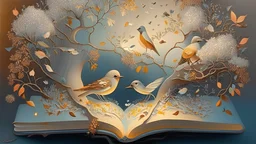 an art book with an illustration of birds in the tree and flowers, in the style of light silver and light amber, whimsical dreamscapes, american scene painting, aerial view, whimsical animals, snow scenes, glistening