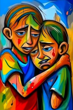 a girl hug her brother and both crying sadly, expressionism, Pixar style, in abstract art Basquiat, Picasso, Miro, Kandinsky, Klee, Birell, Fairey, Ardon, Buffet and Picasso style, HD --s 750 --v 5.1 --style raw, water color