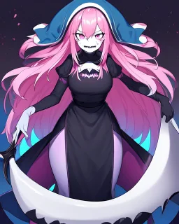 Tall and strong girl, has a big axe, she's hot but always looks nice!, she has pink eyes, very dark and long pink hair, her hair covers a little of her eyes, She wears cool clothes with dark pink and black colors, she has sharp teeth like a shark, she has a pinkish skin tone but nothing out of the ordinary.