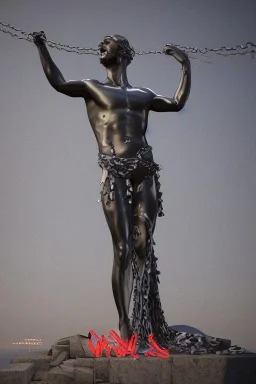 ، chain wraps around the Greek statue of man who struggling , neon light , future classic style, unreal engine , fuul body statue