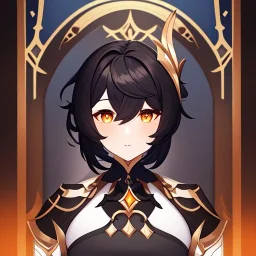 portrait of genshin from genshin ((genshin)) ((genshin ingame outfit)) wearing a short skirt, black short hair, orange eyes