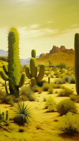 A yellow desert with cactuses painted by Cai Jia