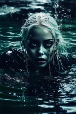 A beautiful Goth girl, dark black makeup, dark under eyes, white hair, action image of her braking water surface, freedom, dramatic, highly detailed, 8k, abstract