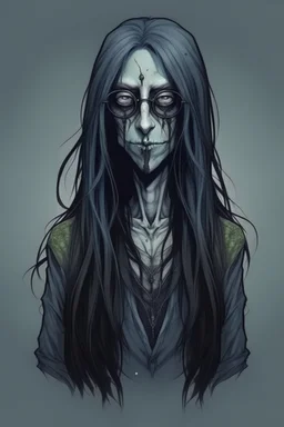 Alien vampire, with unnatural colored long hair. Grudge style with glasses