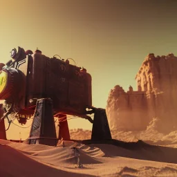 3d rendering. Steampunk futuristic yellow monster machine. Buried in desert sand. Lost in Time, dramatic lighting, neon Lut, hyper realistic, cinematic lighting