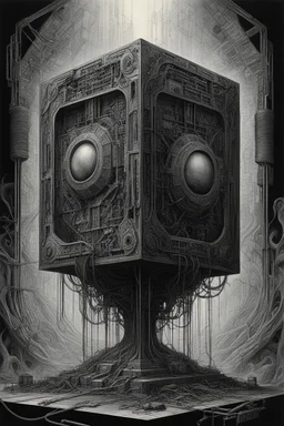 A cube on and with computer chips and a smoke in the background dark a thin line draw ، front view camera, decayed and proportions and imagery. surreal chorror, biomechanical design, by hr giger and beksinski , fine lines draw