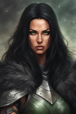 portrait of a athletic woman warrior, long black hair, green eyes, tan skin, fantasy armor, black fur cloak, realistic art style