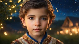 little very young Bulgarian boy, handsome, peaceful, gentle, confident, calm, wise, happy, facing camera, head and shoulders, traditional Bulgarian costume, perfect eyes, exquisite composition, night scene, fireflies, stars, Bulgarian landscape, beautiful intricate insanely detailed octane render, 8k artistic photography, photorealistic concept art, soft natural volumetric cinematic perfect light, chiaroscuro, award-winning photograph, masterpiece, Raphael, Bouguereau, Alma-Tadema