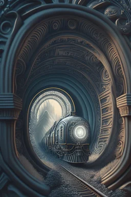 Then it comes to be that the soothing light at the end of your tunnel Was just a freight train coming your way; intricately detailed surreal optical art, award-winning,