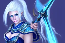 [Sea Elf] [Maormer] Hero Queen with [white hair] and [blue skin] wielding a blue glass greatsword on a ship with crew [fantasy] [realism] [Elder scrolls]