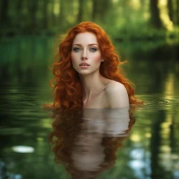 amazingly beautiful forest nymph, redhead, intimate, open minded, alluring, dynamic poses, the clouds are rich in color and can be seen in the reflection off the water, ray tracing, beautiful facial features, wavy hair, face illumined, face detailed, soft smile, sun rays, detailed facial features, detailed eyes