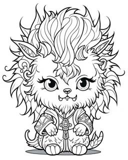 coloring page, Gothic chibi werewolf with wild, fluffy hair, Manga style, thick lines, low detail, no shading, --ar 9:11 --v 5