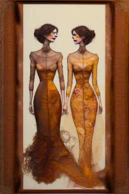 Hand sewn and embroidered double exposure, (((greg rutkowski))), caricature in ochre Polychromatic-Colors. (((intricate))). Stunningly beautiful couple of happy strong women dancing, all the head in the frame elegant soft diffused light intricate 8k oil on canvas sensuality very attractive wallpaper crisp quality whimsical, merged layers battery corrosion, copper patina