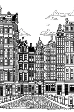 outline art for Amsterdam city for adults with Amsterdam street , white background, Sketch style, only use outline. clean line art, no shadows and clear and well outlined, many Patterns and Details, realistic