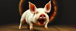 pin hole cam, master oil painting by Rembrandt, marzipan pig runs in panic in front of a big red mouth