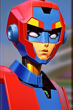 Foto retrato anime 1980 Transformer autobot, colorido, robot, su cara es de robot. Esvelto