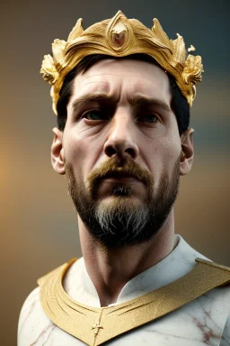 Realistic image, sculpture, white marble material with gold veins, Lionel Messi, gold laurel leaves crown, gold ornaments, Renaissance style, sun rays background, waist up portrait, epic, celestial, cinematic lighting, God lights, 4k resolution, smooth details, soft lighting, unreal engine 5, art station, substance 3d.