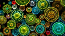 A detailed colourful photomicrograph of a variety of diatoms, the microscopic algae with beautifully intricate silica shells. The image highlights their diverse shapes and patterns, ranging from circular and star-shaped to elongated and complex. Beautiful award-winning photograph, inspiring, rule of thirds, balanced delightful composition, perfect lighting, superb detail, 16k render