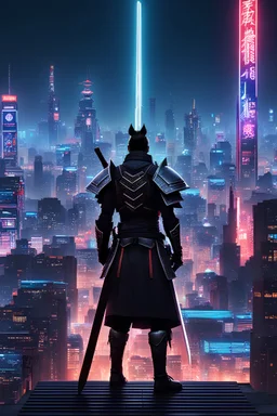 A lone samurai stands on a neon-lit rooftop in a sprawling cyberpunk metropolis. The warrior is dressed in a sleek, high-tech suit of armor that blends traditional Japanese design with futuristic technology. Their sword is a high-tech plasma weapon, crackling with energy. The cityscape stretches out behind them, a maze of towering skyscrapers and glowing billboards. The samurai's face is stoic and focused, as they stand ready to defend the city from any threats that may arise. The scene is bathe