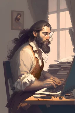 A man with long dark brown hair, a short beard and a ponytail, wearing a shirt, working as a programmer, with his laptop, inside his office; in the style of Fragonard.