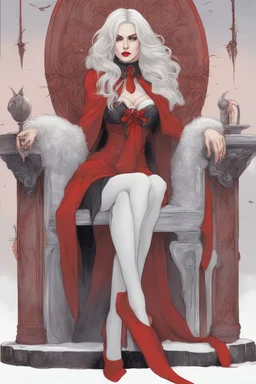 Beautiful white haired Vampire queen on her throne, drawing. Wearing a red cloak with a fur collar