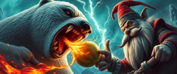 epic movie poster, fire drop polar bear vampire eating thunder swirling melon with thumbs up grabbed by throat vs gnome goblin rock priest zombie war lord, fish eye lense