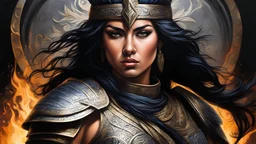 acrylic illustration, acrylic paint, female ancient warrior, black hair, contrast, epic lighting, hyper realistic, intricate details, well lit,