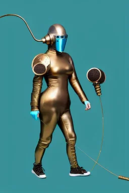 Bronze color, Cyan photograph Cyber-punk, full-mask, AKG-style big headphones, golden rings & disc, fencing mask. Speakers. Kim Kardashian, sword, lightly armored. Thick tights, thick calves, arched fell, wide hip. Old camera lenses, ancient artifact attached, perfect body. Electronic circuits ear. 5-dimensional Escher tiling background. Daft Punk, Tron Movie. Matrix movie clothes, Red leather areas, tippet, latex. Wicked sneakers. 1990's, old telephone microphone. Surreal. Minimal fashion Futur