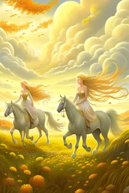 Fantasy digital art: fairies with golden hair, and white dresses descend from fluffy clouds towards a meadow with brown horses