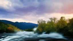 torrential wild white-water river fast flowing rapids dangerous in rural landscape with distant mountains behind