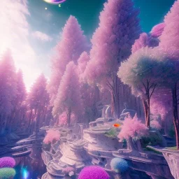 astronave luminosa, cristalli luminosi, SWANN, fiori, alberi in fiore, cielo rosa blu, pieno di dettagli, sole liscio e luminoso ， atmosfera di luce soffusa, effetto luce ， vaporwave colorato, concept art, dettaglio liscio ed estremamente nitido, dettagli finemente sintonizzati, altissima definizione, 8 k, motore irreale 5, messa a fuoco ultra nitida