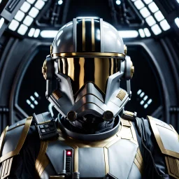 star wars bald male corellian pilot wearing gunmetal grey and black First Order TIE pilot armored flightsuit and helmet with gold trim inside the jedi temple, centered head and shoulders portrait, hyperdetailed, dynamic lighting, hyperdetailed background, 8k resolution, volumetric lighting, light skin, fully symmetric details