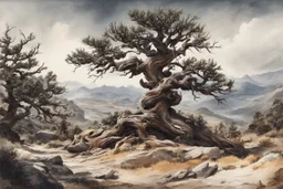 museum quality ink wash and watercolor painting of an ancient, gnarled and twisted, Bristlecone Pine on a remote plateau in the Rocky Mountains in the style of Karl Bodmer, and Winslow Homer, rendered as an aquatint, with a fine art aesthetic, highly detailed , 8k UHD cinegraphic realism