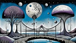whimsical weird bizarre shapes on sky and on eart in weird whimsical landscape, neurodivers minds, two long thin bridges, surreal vibe with abstractions, around surreal cracked painted weird land with rocks, trees, two moon, deep dark purple, gray, black, white, brown pale blue colors. style of Chagall , of Minjae Lee and Tim Burton, absurd beauty picture. weird bizarre absurd, nightmare, big neuron network clouds background and thin bridges, too big, too elongated shapes, psychedelic dreams
