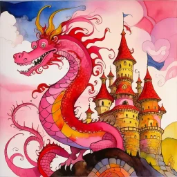 A pink magical dragon on top pf a castle painted by Wassily Kandinsky