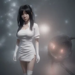 hitomi tanaka, full body, dress white, long black hair, vilage, realistic, intriacte detail, sci-fi fantasy style, volumetric lighting, particales,highly detailed,cinamatic, deep colours,8k