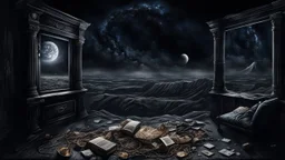 Melancholy theme picture. sometimes i stop at night and stare out into the cold space, and something hurts my heart, something big I miss. Because the treasure i longed for is not there, the treasure i lay in the dust for, and i am at home in this house, and i am at home in this skin. detailed, gloomy, and surreal vibe. dark colors, cinematic