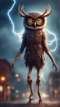 book cover illustration, horror weird owl bear elk alien bird walking on stilts in female garments, getting hit by lightening electric arc, with big disturbed eyes,bokeh like f/0.8, tilt-shift lens 8k, high detail, smooth render, down-light, unreal engine, prize winning