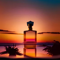 generate me an aesthetic photo of perfumes forSunset Soiree: Capture the warmth of a sunset with a perfume bottle set against the hues of a twilight sky.