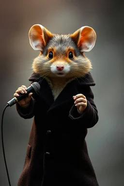 A mouse warring a black coat humanoid, dressed brown fur coat, holding a microphone