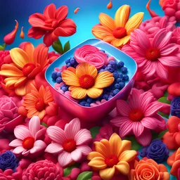 "Social media advertisement for floral flavor using 3D technology and 8K resolution, with vibrant and appealing colors."