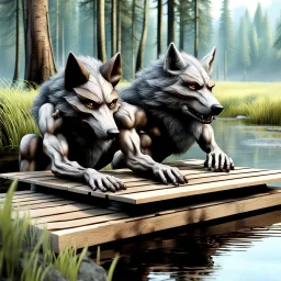 realistic 3d one dark gray and one brown fantasy anthropomorphic wolf-human hybrids creature in body hair lie exhausted and wet on their stomachs on two wooden boards next to a deep river, on the opposite bank in the distance, hour-long, thick-trunk trees are faintly visible, grass, mud, rain, high realistic, detailed, cinematic, sci-fi, digital art, dark fantasy mood