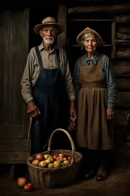 Color Portrait of an old Appalachian farmer couple early 1900s, beautiful painting with highly detailed face by greg rutkowski, Lee Jeffries, magali villanueve Modifiers: extremely detailed oil on canvas photorealistic More about New Age: American Gothic An elderly couple in vintage farm attire stand before a barn, the woman holding a basket of fruit and the man clutching a pitchfork.